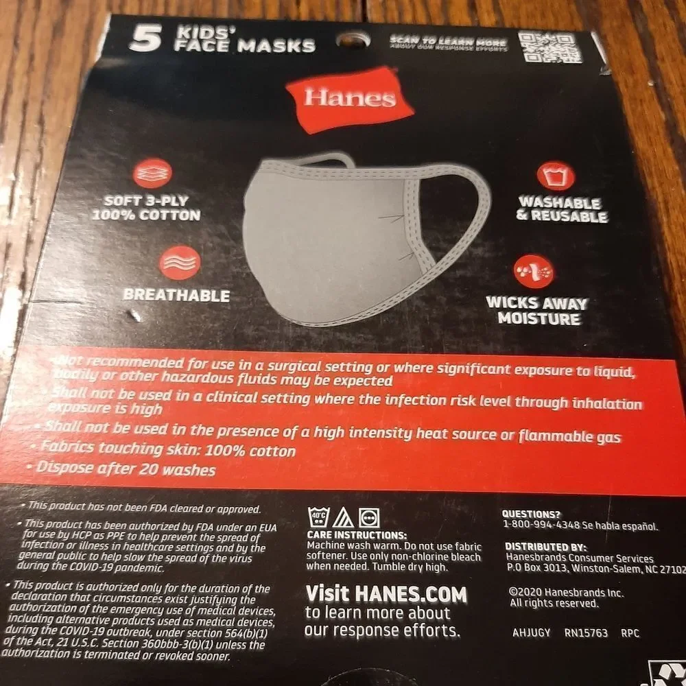 New TEN Grey Kids Youth 5-12 Hanes Cooling Wicking Breathable Facemasks